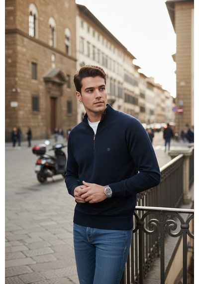 Buratti Pamuklu Relaxed Fit Yarım Fermuarlı Dik Yaka Erkek Sweat 5901232 Lacivert