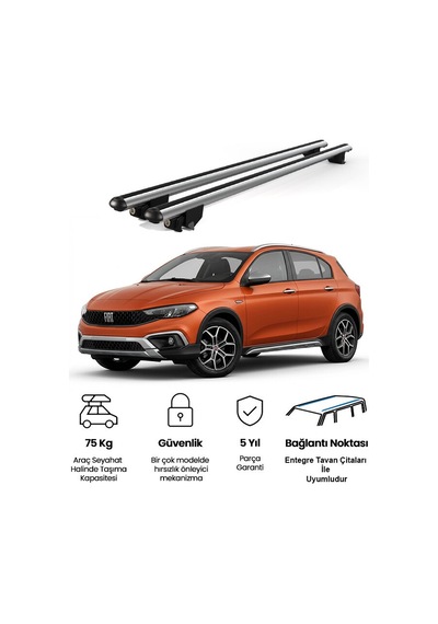 Kanca Fiat Egea Cross 2016 Ve Sonrası Uyumlu Gri Kilitli Ara Atkı 120cm Port Bagaj Tavan Barı