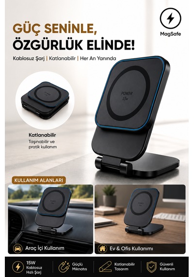15w Kablosuz Araç Şarj Cihazı Magsafe Uyumlu Katlanabilir Manyetik Telefon Tutucu Kompakt Siyah