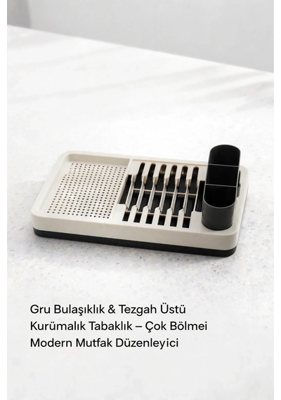 Gri Mutfak Bulaşıklığı Tezgah Üstü Tabaklık Bardaklık Kaşıklık Kurutma Standı