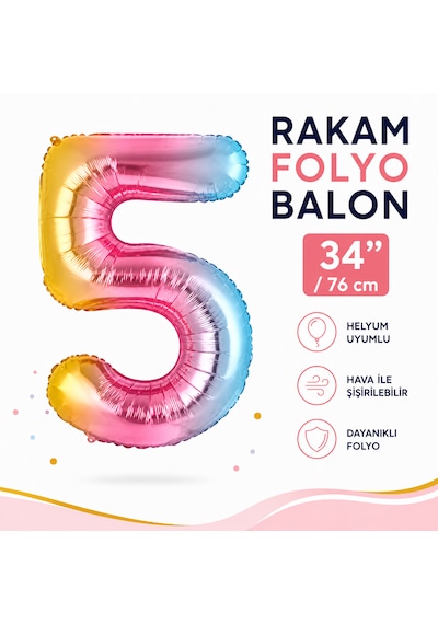 5 Rakam Folyo Balon Gökkuşağı 34 İnç 76 Cm Doğum Günü Parti Balonu Çok Renkli