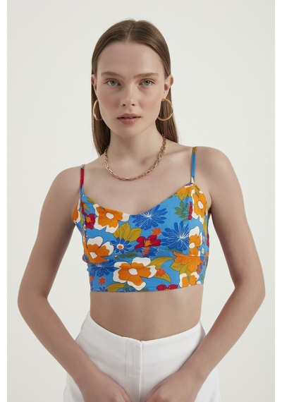 Hiccup Çiçek Desenli Sweetheart Yaka Kolsuz Crop Top Mavi