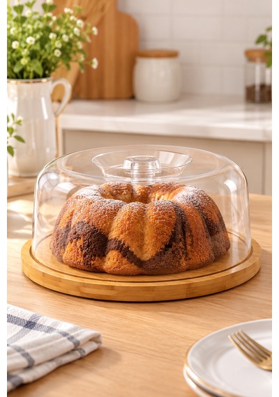 Bambu Tabanlı Şeffaf Kapaklı Kek Ve Pasta Sunumluk 28 Cm Yuvarlak Servis Tabağı Bej