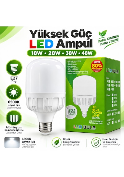 Alüminyum Soğutuculu Led Ampul E27 6500k Güçlü Beyaz Işık 38w 1