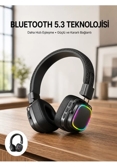 Renkli Işık Efektli Bluetooth 5.3 Müzik Kulaklığı Yeni Nesil 1