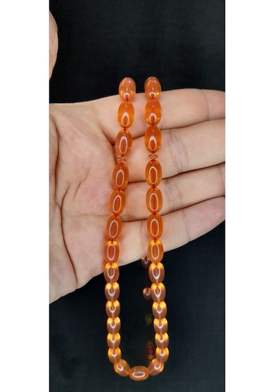 Sevgiliye Özel Hediye Ateş Kehribar Tesbih Pembe Renkli Beyzi Kesim H-1383.