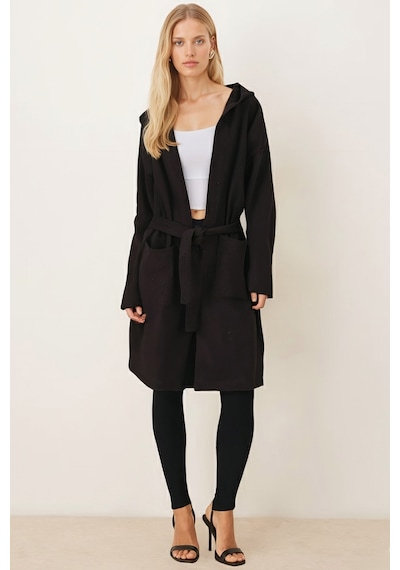 Armonika Kadın Kahve Beli Kuşaklı Cepli Kapüşonlu Oversize Kaşe Kaban Arm-26k001025