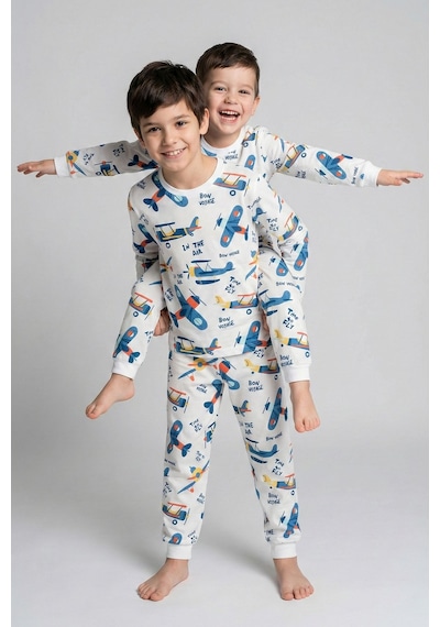 Zuzunga Time To Fly Beyaz Desenli Çocuk Pijama Takımı Beyaz