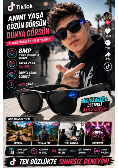 Yapay Zeka Asistanlı 8mp Kameralı Akıllı Gözlük Chatgpt Destekli Fotoğraf Ve Video Kayıtlı Siyah