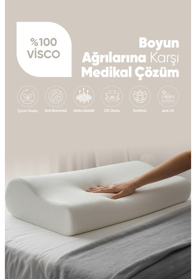 Ortopedik Visko Yastık - Boyun Düzleşmesi İçin Tek Taraflı Visco Yastık Süper Soft Beyaz