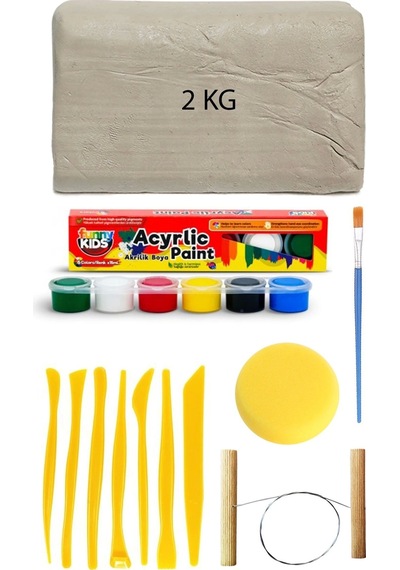 Beyaz Seramik Hamuru 2 Kg Kil Plastik Ebeşuar Seti 6x15 Ml Akrilik Set Çamur Kesme Teli Rötuş Sünger
