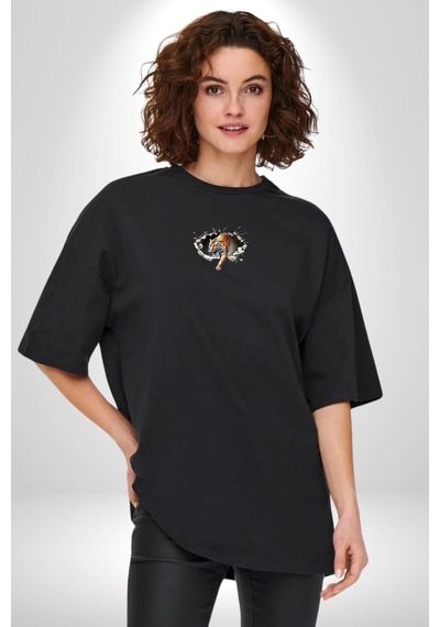 Kırık Duvar Kaplan Siyah Oversize Unisex Ön Orta Minimal Baskılı Tişört Siyah