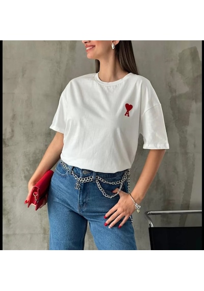 Unisex Bisiklet Yaka Baskılı Oversize T-shirt - Beyaz Beyaz