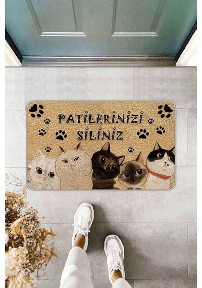 Bej Kedi Temalı Kapı Önü Paspası Kp04n11