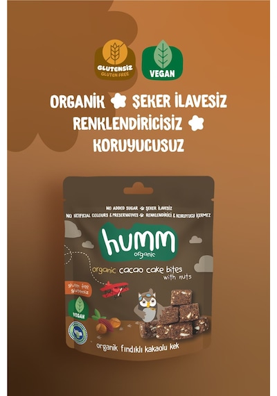 Hummorganic Organik Glutensiz Vegan Kakaolu ve Fındıklı Kek Atıştırmalık Paketi - 3 adet