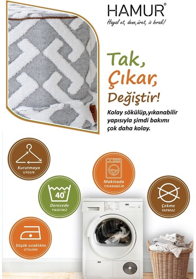 Yıkanabilir Puf Tabure Kılıfı Tak-Çıkar-Değiştir-Yenile Orta Sehpa Kılıfı By Elda Gri