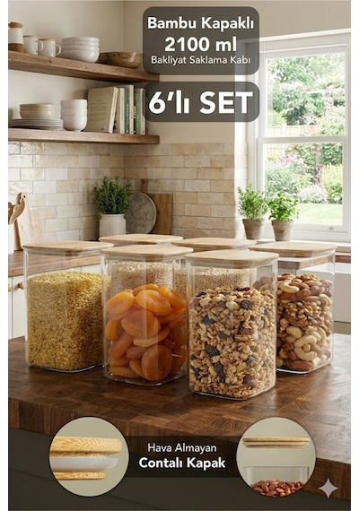 Bambu Kapaklı Kare 6 Lı 2100 Ml Hava Geçirmez Gıda Saklama Kabı Seti 2.1 Litre Büyük Boy Şeffaf