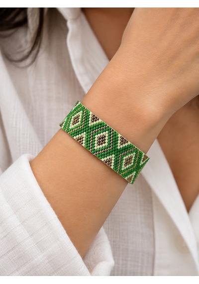 Miyuki Geometri Desen Bileklik Koyu Yeşil-beyaz-altın