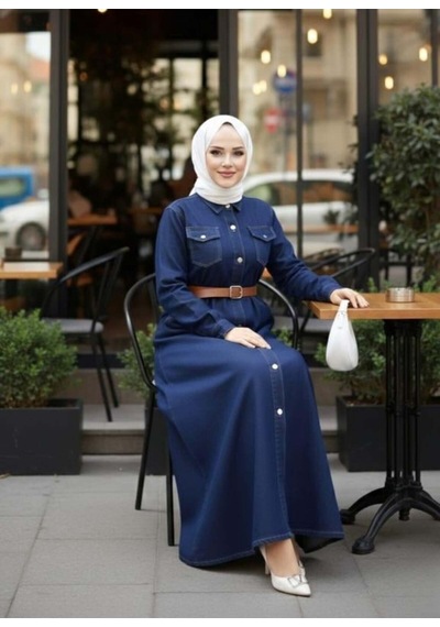 Hb Harma Time Butik Kadın Düğmeli Kemerli Denim Lacivert Kot Elbise Lacivert Lacivert