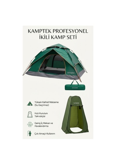 Otomatik Kurulum Kamp Çadırı 3-4 Kişilik + Anında Pop-up Katlanır Duş Ve Soyunma Çadırı Kamp Avantaj Seti Yeşil