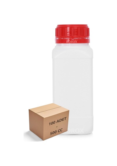 Borox Plastik Kare Şişe Kırmızı Kilit Kapaklı Sızdırmaz Numune Şişesi 100 x 500 ML