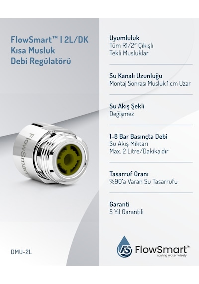 Kısa Musluk Debi Regulatörü 2l/dak. G1/2" Yarım Parmak 22 Mm Dişli Bağlantı