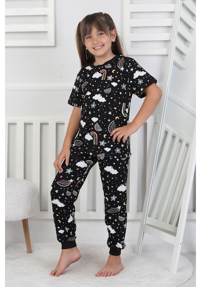 %100 Pamuk Gökkuşağı Desenli Kısa Kollu Manşetli Paça Kız Çocuk Pijama Takımı 3-8 Yaş Siyah %100 Pamuk Gökkuşağı Desenli Kısa Kollu Manşetli Paça Kız Çocuk Pijama Takımı 3-8 Yaş Siyah