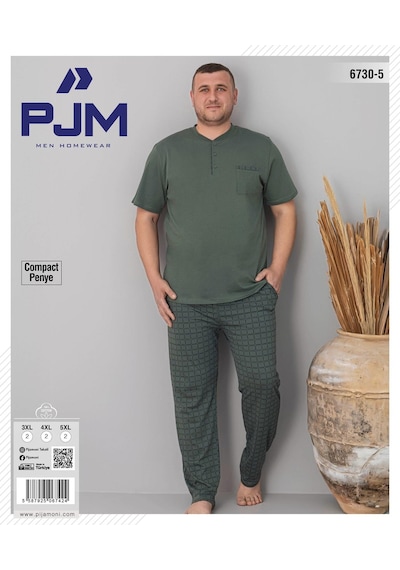Pijamoni Erkek Battal Düğme Yaka Penye Kısa Kol Pijama Takımı 6730/5 - 1 Adet Yeşil