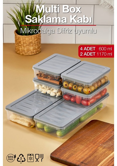 Multi Box 6 Lı Set Saklama Kabı Seti 2 Farklı Boy- Dondurucu & Mikrodalga Uyumlu Gri