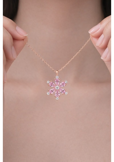 Çekirdekjewelry 925 Ayar Gümüş Pembe Taşlı Kamelya Çiçeği Kolye Rose