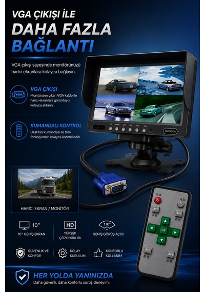 10'' İnç Vga Çıkışlı Kumandalı Tır Kamyon Otobüse Uygun Monitör