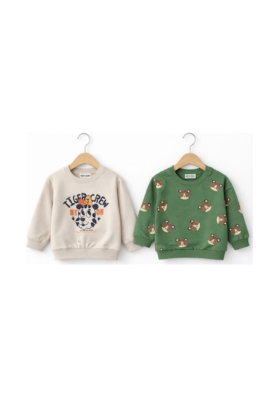 HelloBaby Erkek Bebek Pamuklu Sweatshirt Desenli Model Bej - Yeşil