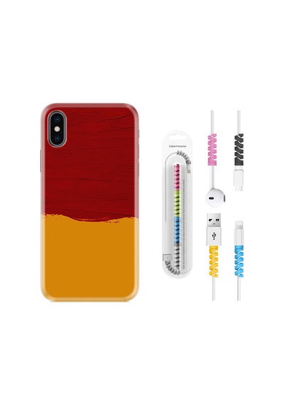 Apple Uyumlu iPhone XS Max Kılıf Kablo Koruyuculu Sarı Kırmızı Boya 1708
