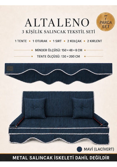 Altaleno 3 Kişilik 150 48 Cm Süngerli Bahçe Balkon Salıncak Minderi Yıkanabilir Kılıflı, Tenteli Keten Kumaş Tekstil Seti 24 Dns 8 Cm Orta Sert Sünger Mavi