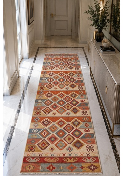 Dekoratif Halı Kaymaz Taban Leke Tutmaz Yıkanabilir Kilim Özel Ölçü Salon Halısı 3052 Çok Renkli