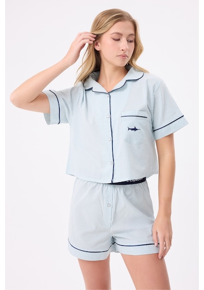 Lespadon Marısılk Seastrıpe Kadın Yazlık Şortlu Crop Gömlekli Pijama & Lounge Takımı-3174 Yesil