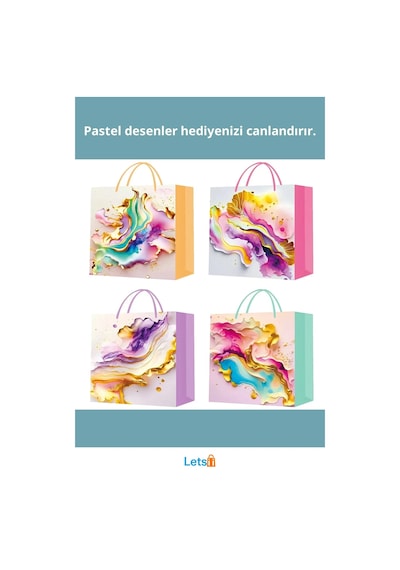 Şık Büyük Boy İpli Karton Çanta Renkli Pastel Motiflerle Hediye Sunumu İçin