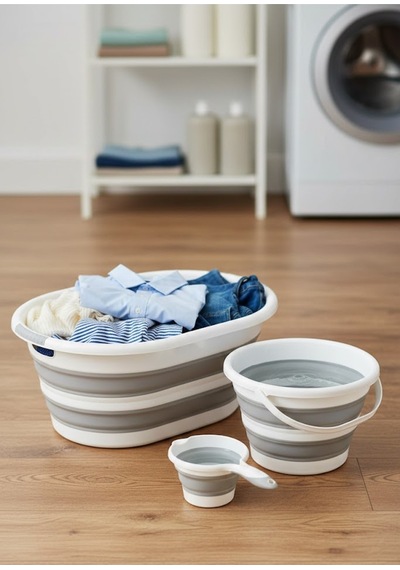 3 Lü Harika Banyo Seti 90 Lt Çamaşır Sepeti + 5 Li Banyo Seti + Katlanır Üçlü Set Gri Beyaz Gri - 885850700 Gri