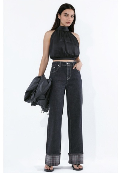 Hiccup Paça Ekose Detaylı Yüksek Bel Wide Leg Jeans Siyah