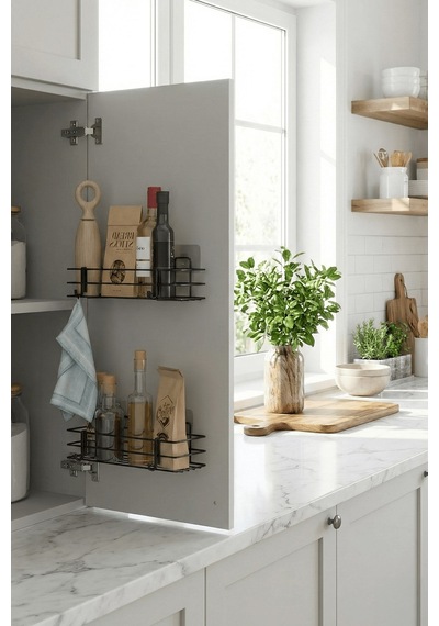 2'li Siyah Dolap Kapağı Yapışkanlı Raf Seti Mutfak & Banyo Düzenleyici Metal Organizer Siyah