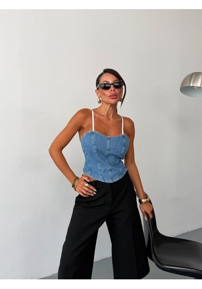 Herton Kadın İnce Askılı Arkası Fermuarlı Denim Korse Büstiyer Crop Top Çok Renkli
