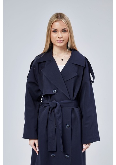 Kadın Oversize Astarlı Uzun Trençkot Lacivert
