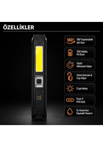 Gold Silver Şarjlı Led Çalışma Lambası, Cob + Xte El Feneri, 180 Ayarlanabilir, Manyetik Tabanlı, Type-c Hızl