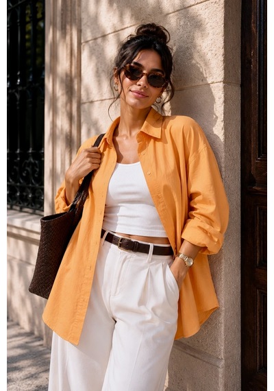Bb Butik Basic Kadın Oversize Poplin Gömlek Uzun Kollu Basic Gömlek Tr0735 turuncu