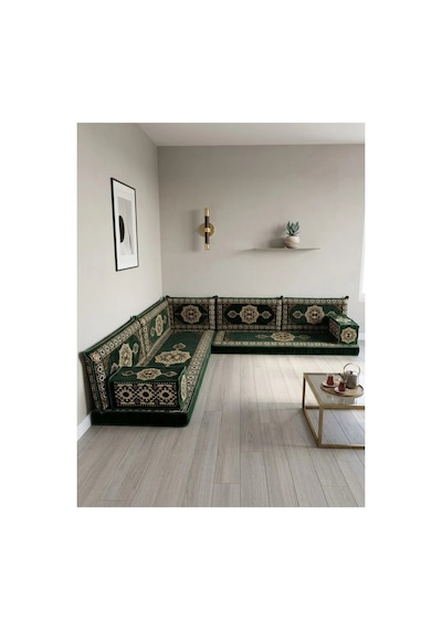 Güneş Modeli Yeşil Otantik Şark Köşesi Takımı L Set - Geleneksel Yer Minderi Seti 10 Cm Minder Kalınlığı 9 Parça