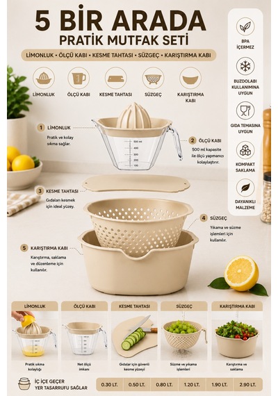 5 Parça Mutfak Seti Karıştırma Kabı Salata Kasesi Kesme Tahtası Limon Sıkacağı Ölçü Kabı Süzgeç Yeşil Bej - 899892244 Bej