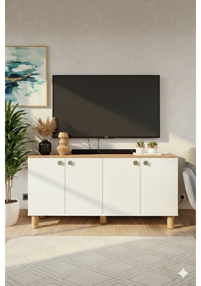 Bohem Tv Konsol,tv Ünitesi Salon Mobilyası Beyaz - Meşe