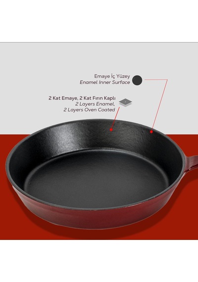 Lava Döküm Yuvarlak Kızartma Tavası Yekpare Saplı. Çap Ø 20cm. Bordo