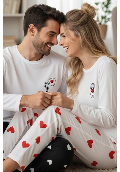 Siyah İnci Kadin Ekose Merry Christmas Baskılı Yılbaşı Temalı Örme Pijama Takım 7970 Kırmızı Kalp