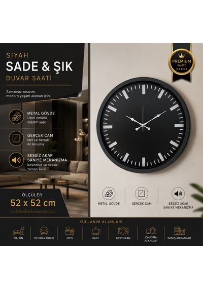 Siyah Sade & Şık 52 Cm Duvar Saati